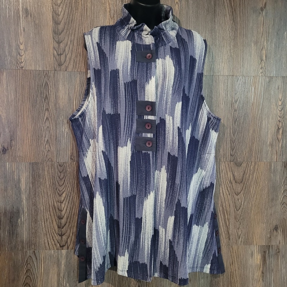 Terra SJ Apparel Sleeveless Tunic Sz 18 Blue Abstract Buttons Wire Collar Artsy